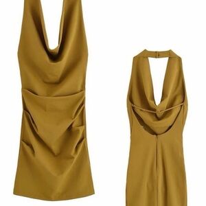 Zara halter mini dress mustard draped fitted NWOT